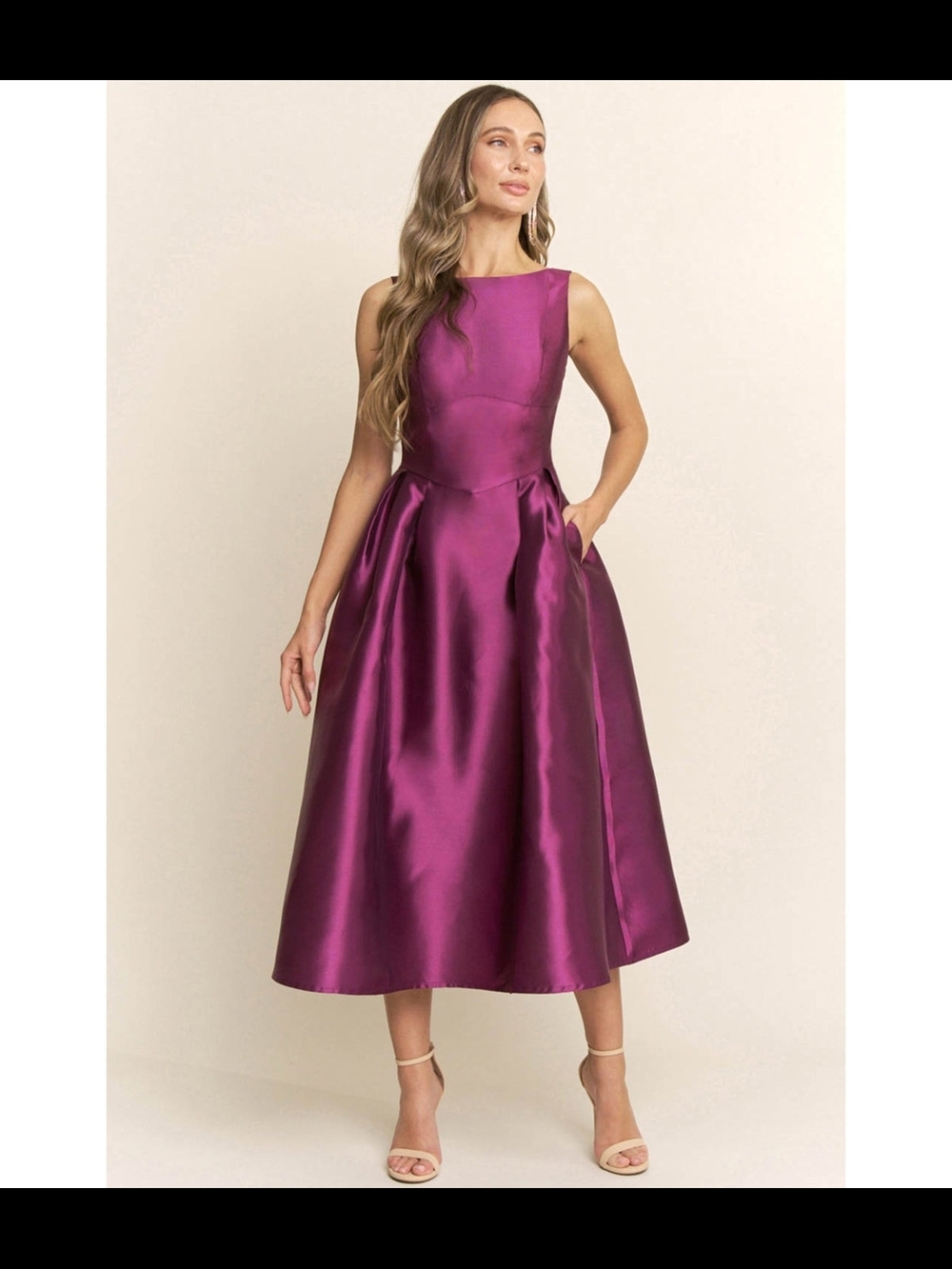 Unique Vintage Sleeveless Satin Midi Dress in Fuchsia Plum